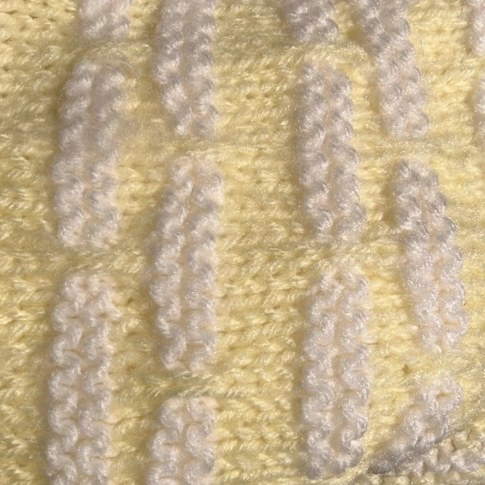 Hand knit pretty throw blanket / baby blanket lemon yellow and white wool blend